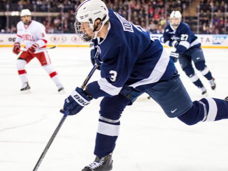 Nittany Lion men's hockey defender Patrick Koudys in action vs. Cornell at Madison Square Garden