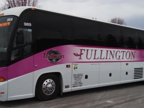 Fullington Trailways coach bus with pink coloring for Pink Zone at Penn State