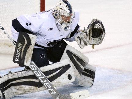 Penn State goaltender PJ Musico blocks a shot in front of the net