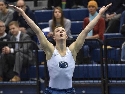 Penn State gymnast Thad Lawson competes in the floor exercise