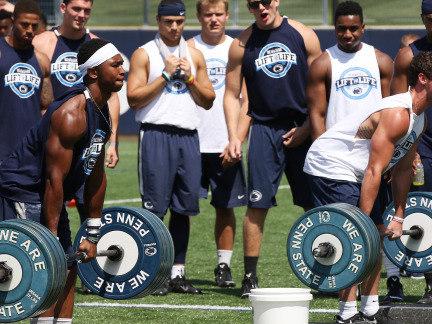 Penn State football player Grant Haley competes against Trace McSorley in the dead lift at Lift For Life on July 11,