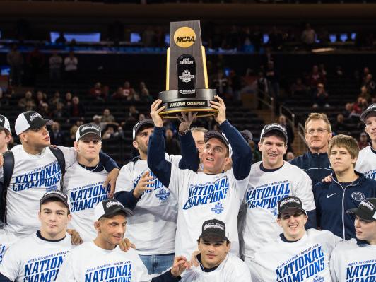 Members of the Penn State wrestling team celebrate their 2016 NCAA championship.