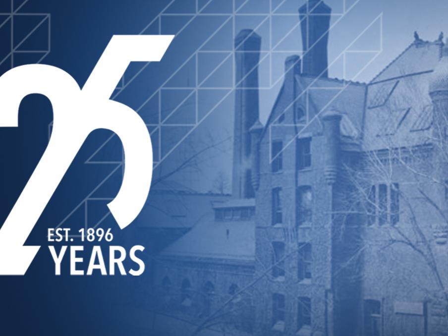 image of building in the background of a blue translucent overlay with the College of Engineering 125th Anniversary logo