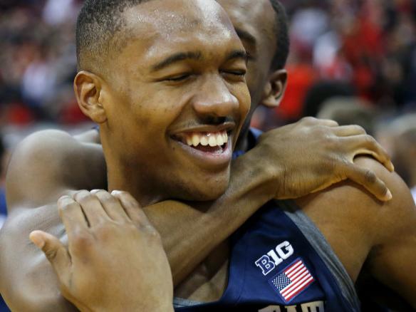Players hug after upset win