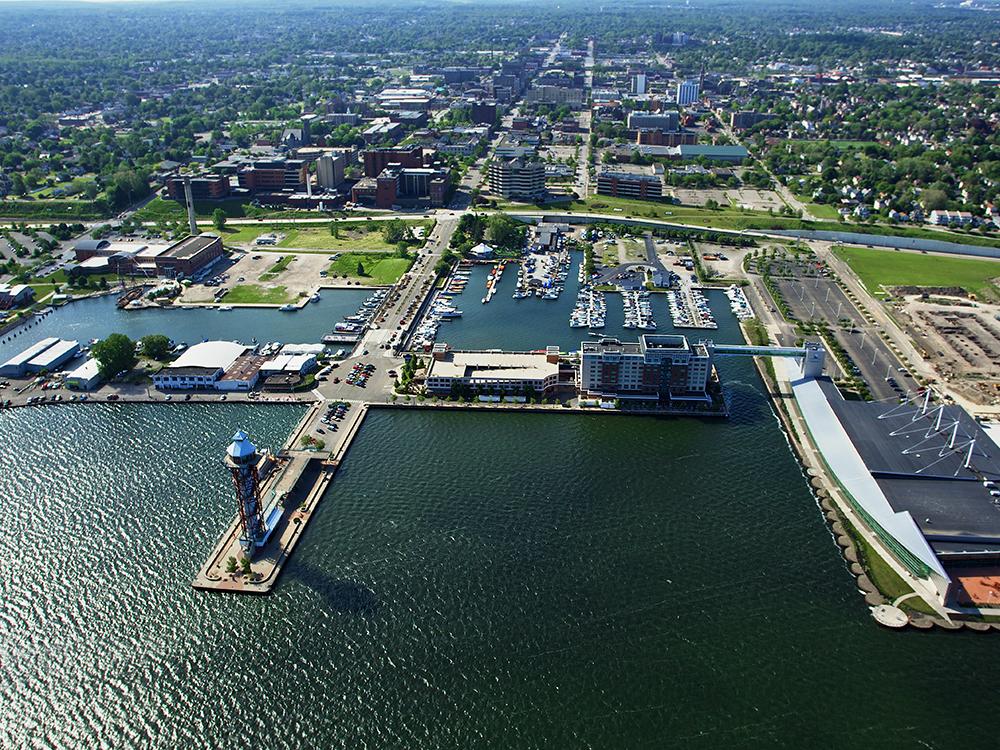 An aerial view of Erie's downtown.