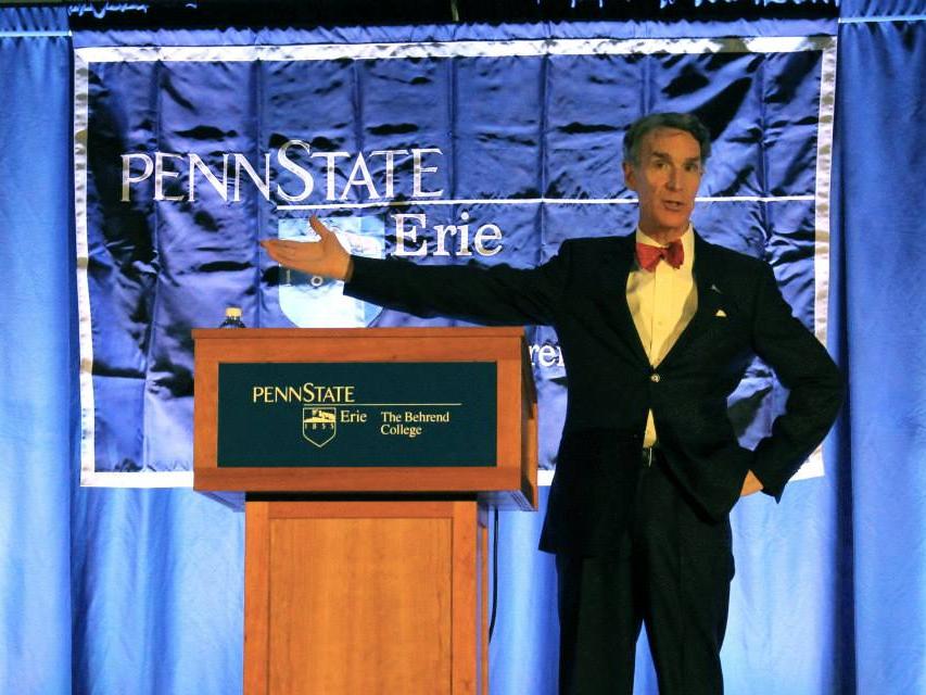 Bill Nye spoke in front of a standing-room only crowd of almost 2,000 Wednesday as part of Penn State Behrend's Speaker Series.