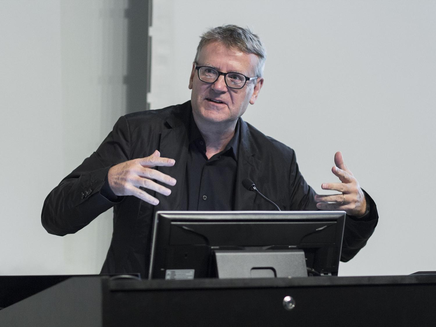 Photograph of Mark Wigley speaking at a podium