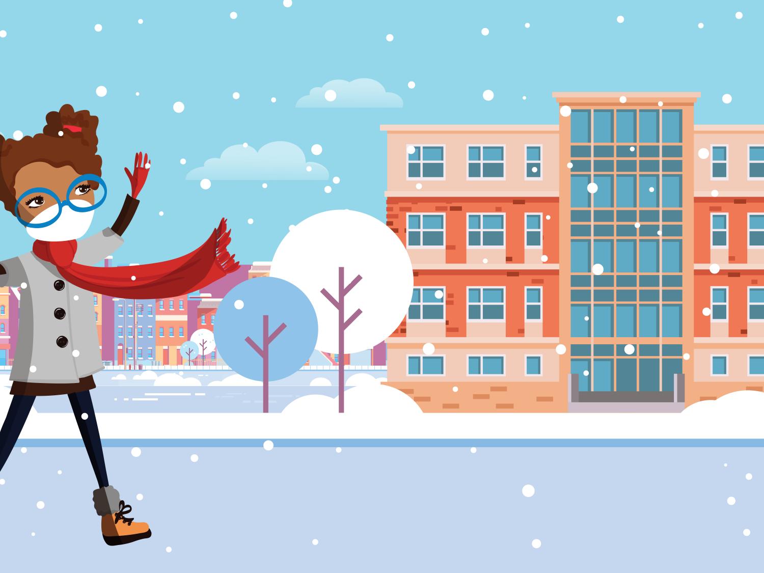 Snowy scene in front of a residence hall