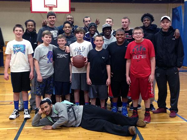 Men’s basketball team members from Penn State Fayette, The Eberly Campus, recently visited the Uniontown YMCA to practice with a youth team called the Base Ballers.