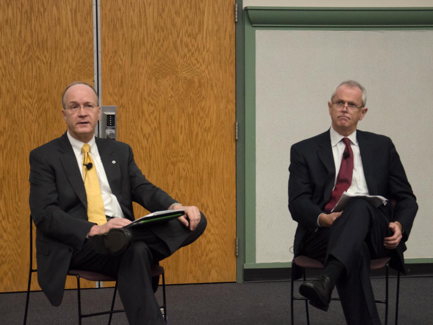 Senior Vice President for Finance & Business David Gray and Provost Nick Jones address OPP employees at a University Town Hall.