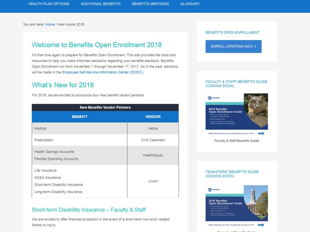 Screen capture of 2018 Benefits Open Enrollment microsite