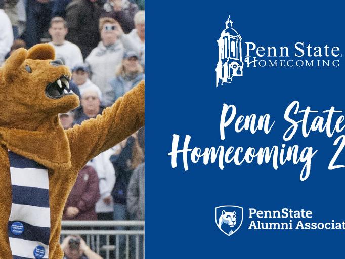 Penn State Homecoming 2021image showing the Nittany Lion mascot with its arms raised