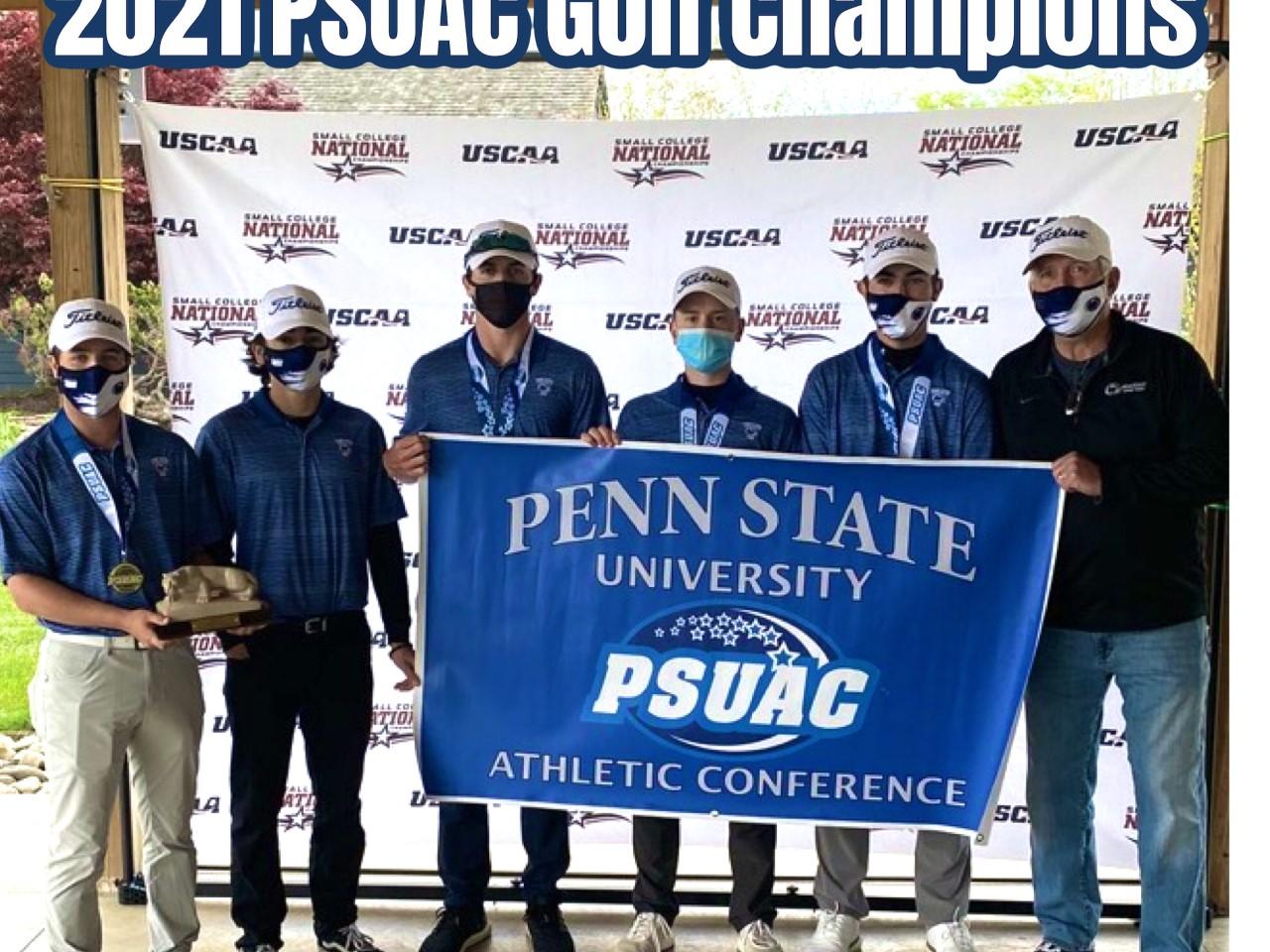 2021 PSUAC Golf Champions holding PSUAC banner