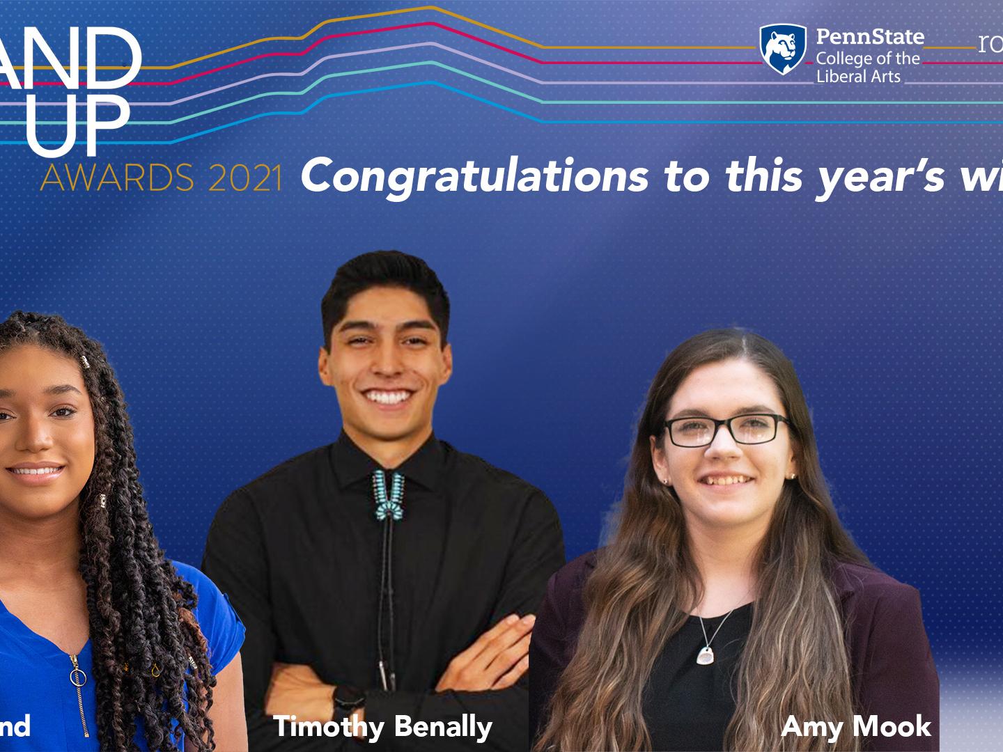 Image of the three winners of the 2021 Stand Up Awards: Nyla Holland, Timothy Benally and Amy Mook