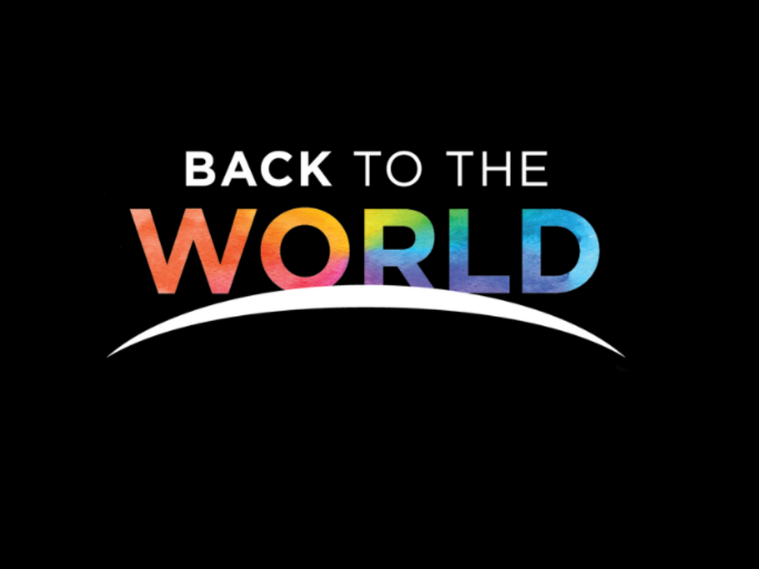 A multicolored logo that says "Back to the World