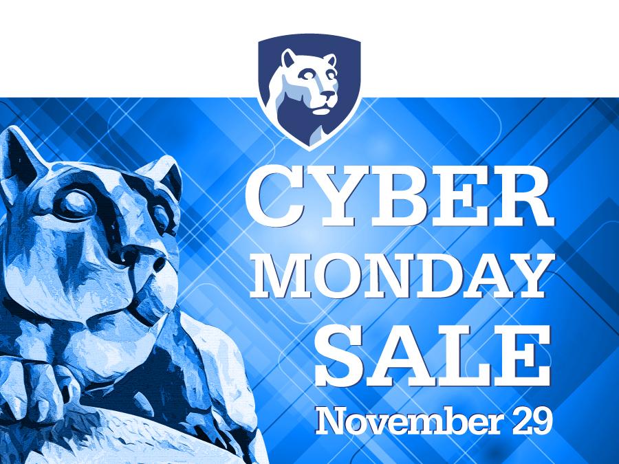 An image of the Nittany Lion Shrine with the words "Cyber Monday Sale November 29" against a blue background