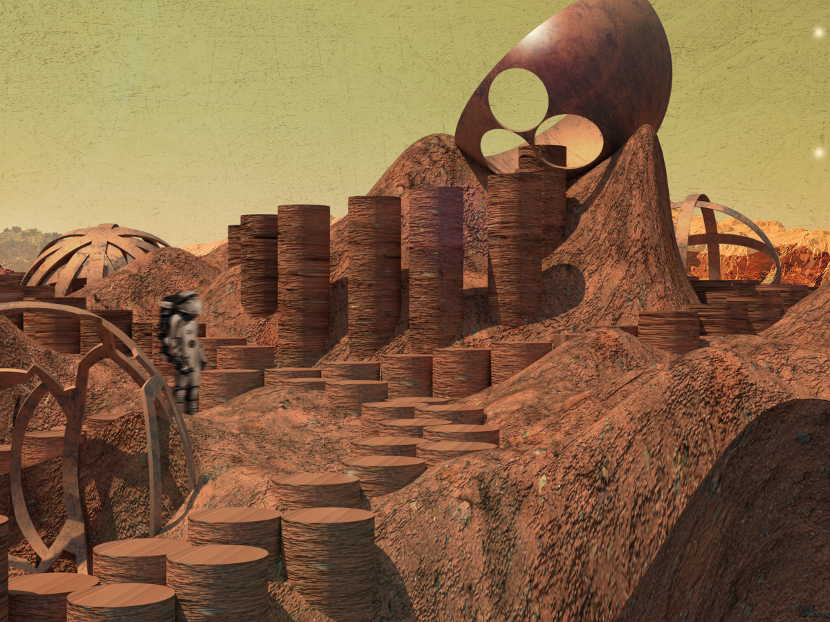 An architectural rendering of a monument on Mars. 