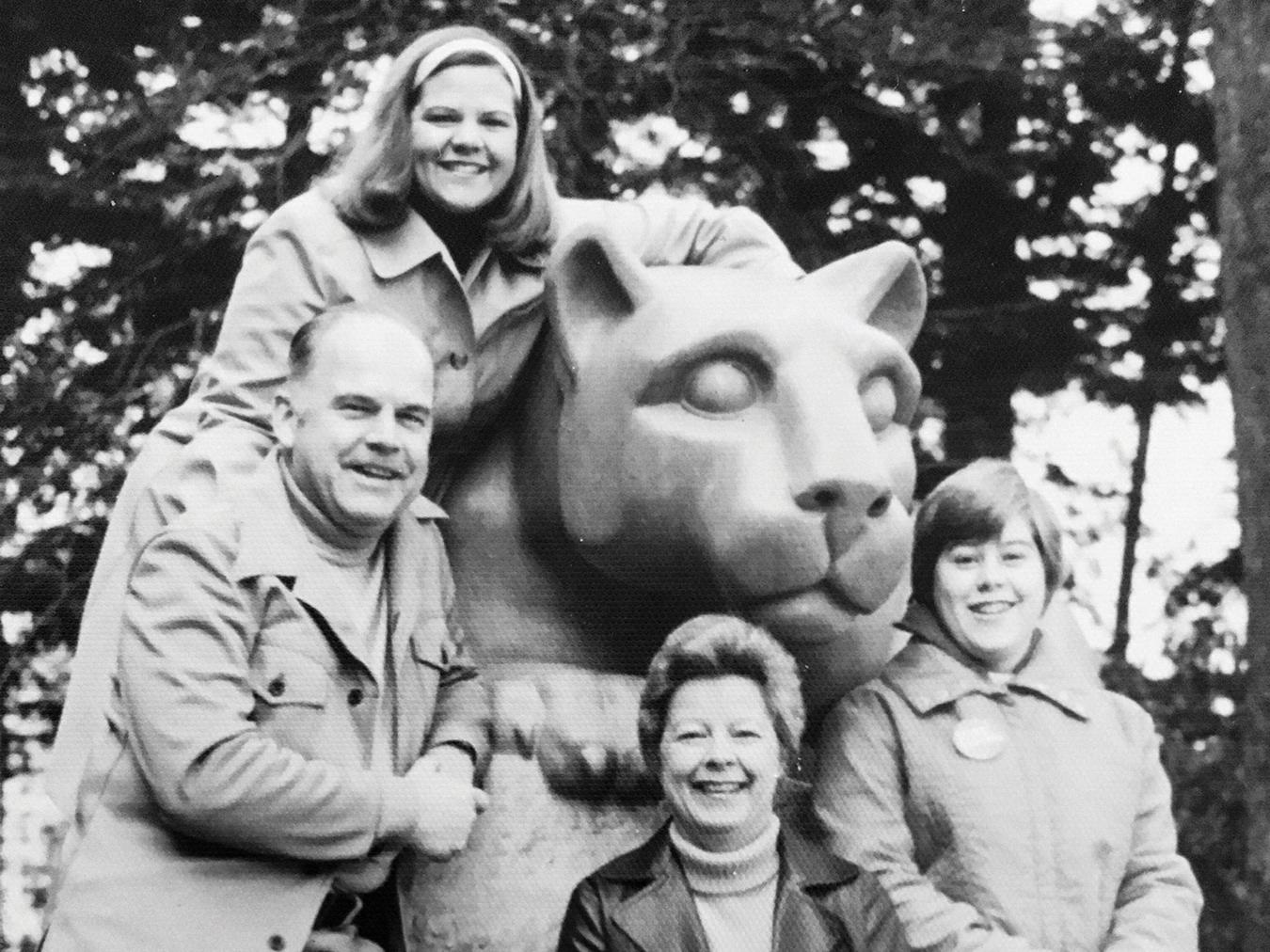 Father, mother, two sisters around the Nittany Lion Shrine