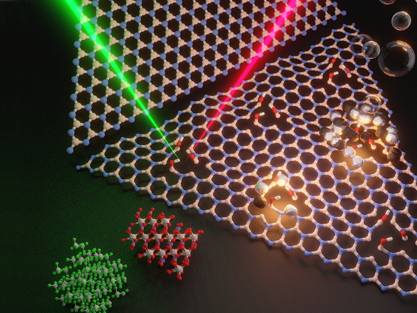 Image showing defects in the lattice structure of hexagonal boron nitride being detected with photoluminescence. 