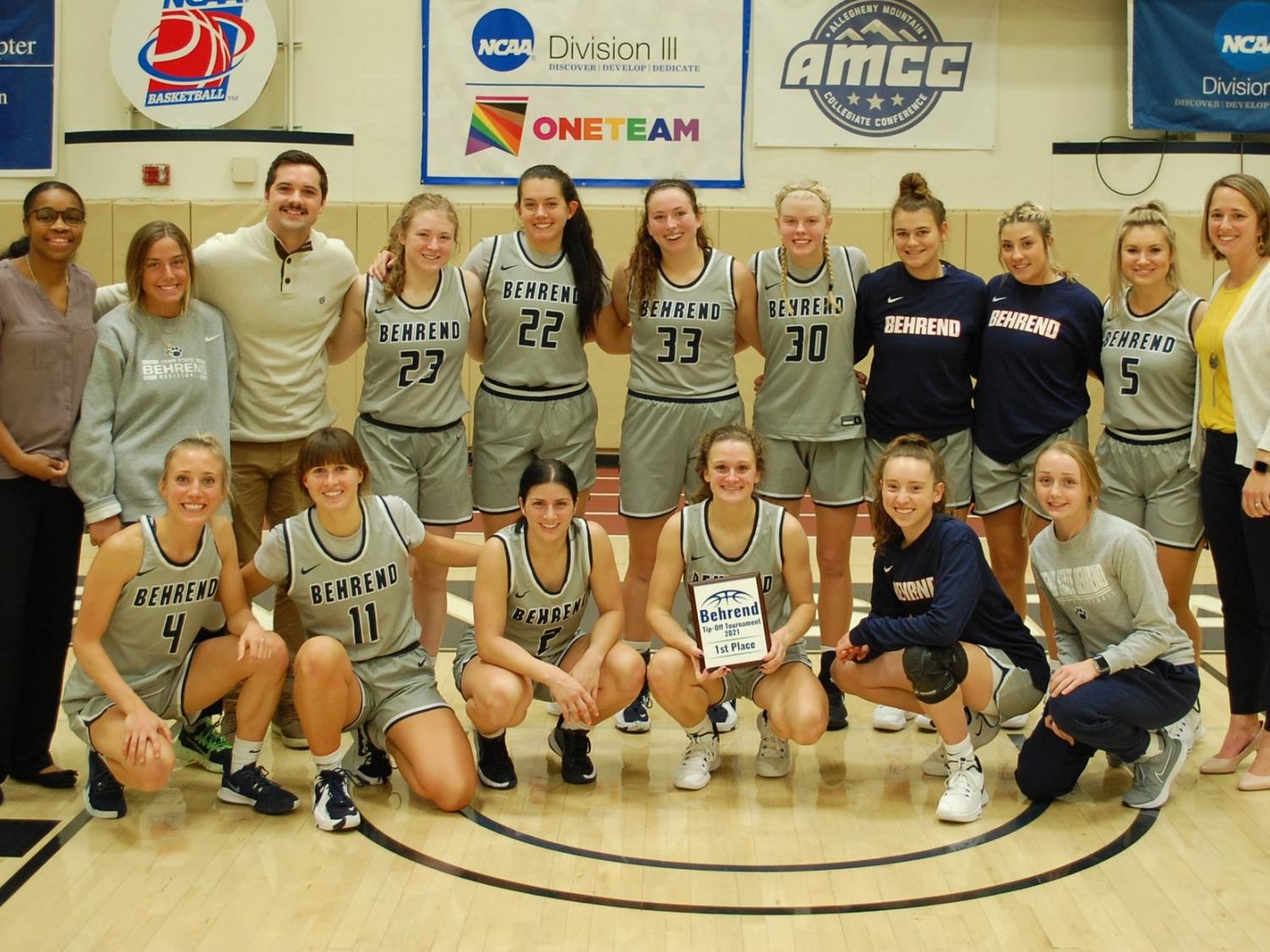 A group photo of the Penn State Behrend women's basketball team, which won the Tip-Off Tournament.