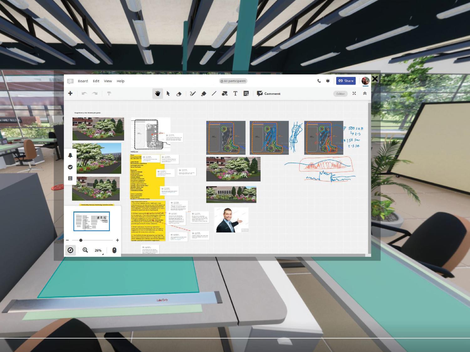 A rendering of a studio desk space with a white concept board overlay and two Zoom screens of the instructor.