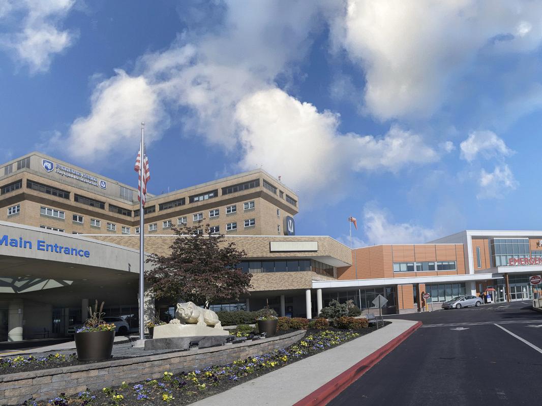 External shot of Penn State Health Holy Spirit Medical Center, from the vantage point of the front driveway.