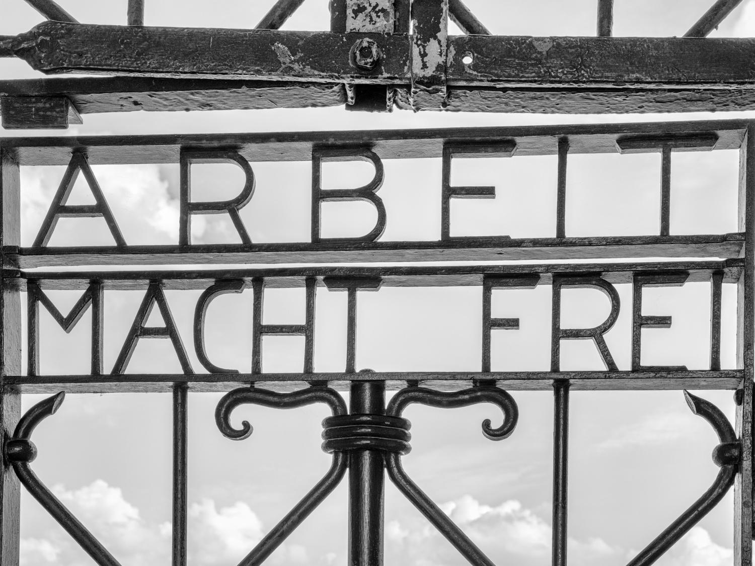 A close-up of the gate to the Dachau concentration camp