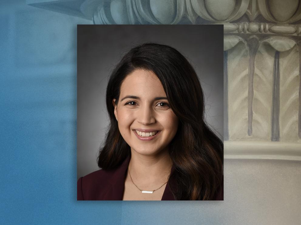 A woman smiles for a headshot that's surrounded by an illustrative background.