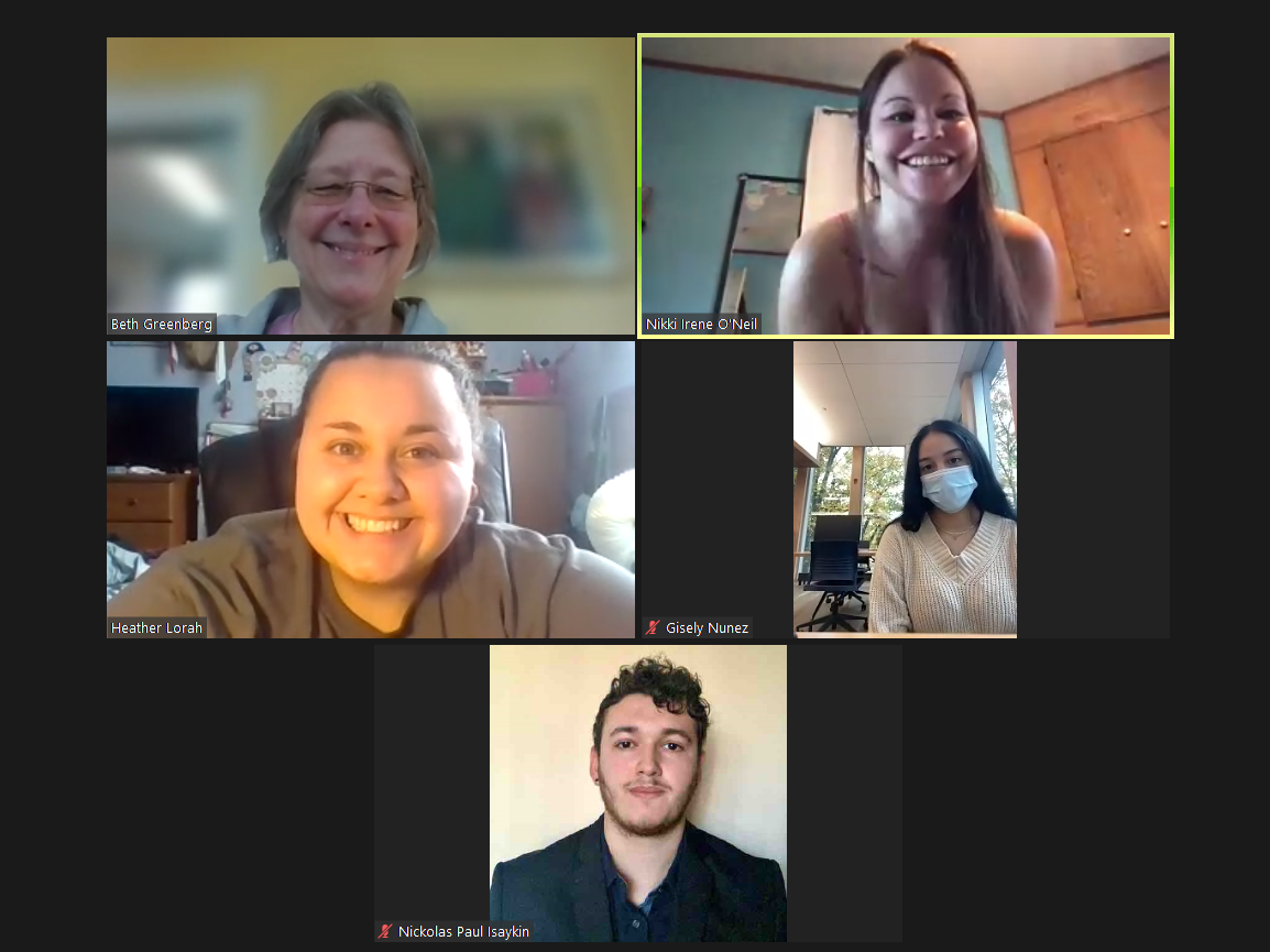 Five people including students and an instructor smiling during a Zoom chat.