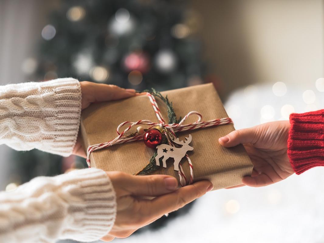 Woman in sweater giving a wrapped Christmas gift box to child.