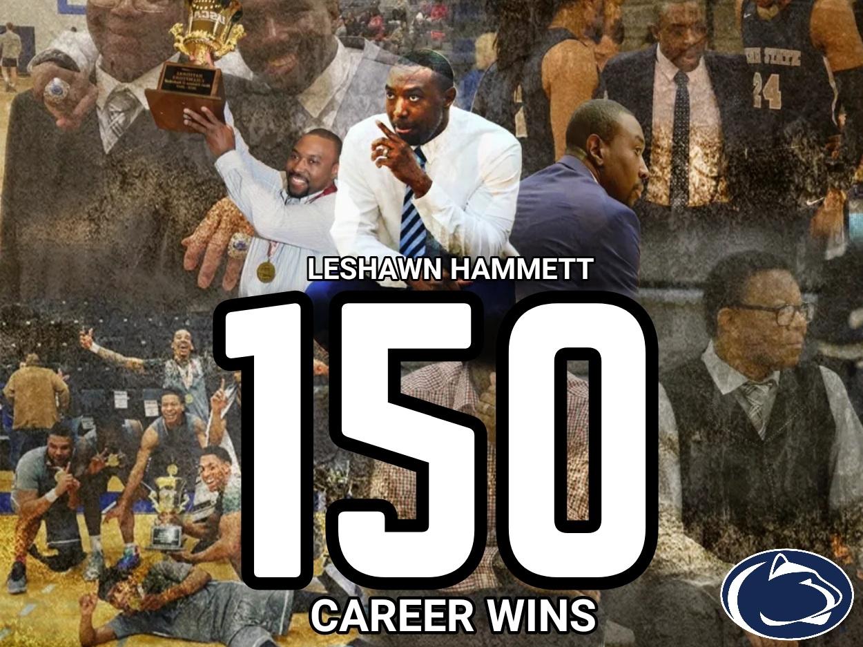 A collection of images honoring Coach Leshawn Hammett's 150th win