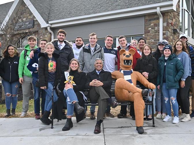 Students and Dr. Jones at the Nittany Lion bench reveal.