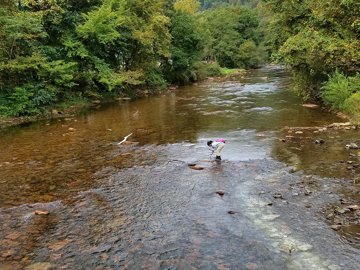 A student stands in a stream to take a water sample