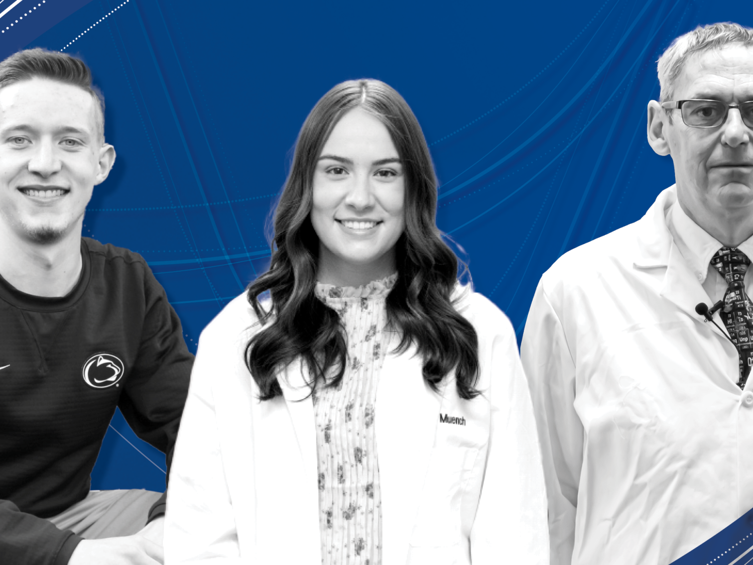A graphic with two students and professor in lab coats