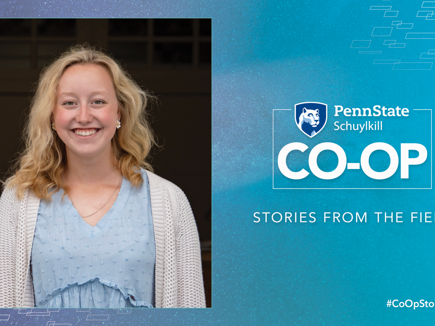 Image of student-intern standing in the doorway with Co-Op graphics frame