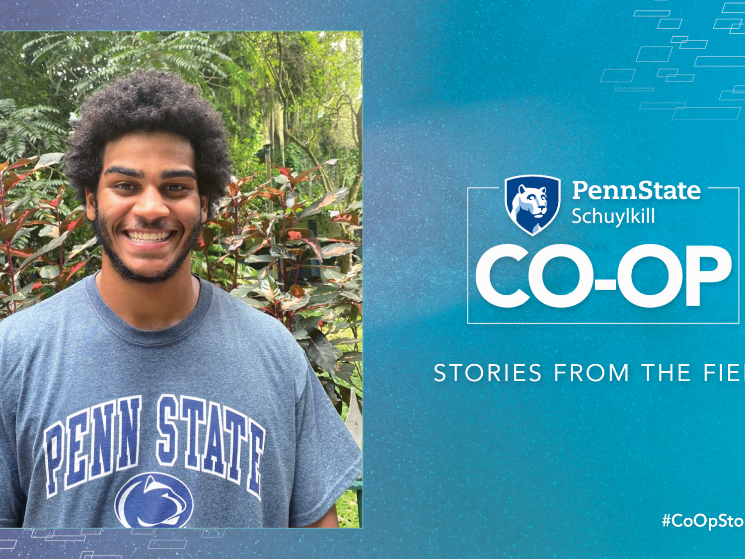 An image of student intern Lucas Centola E Silva in a graphic with Co-Op logo