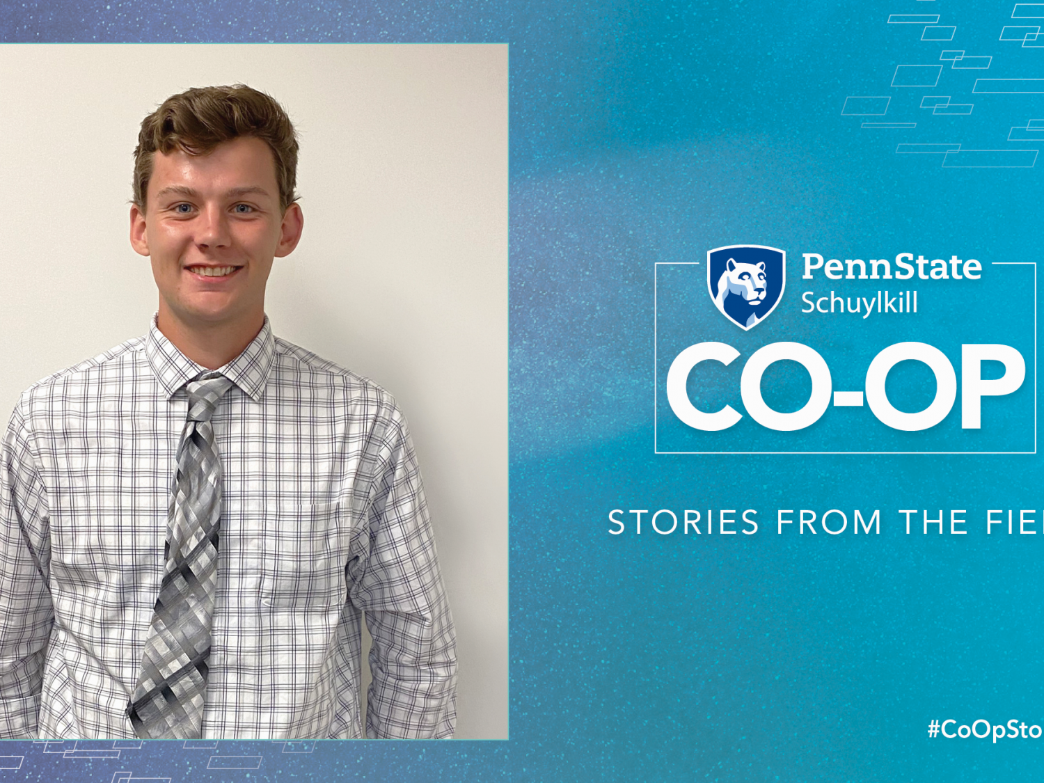 An image of student intern, Sean Duffy, with Co-Op graphic and logo