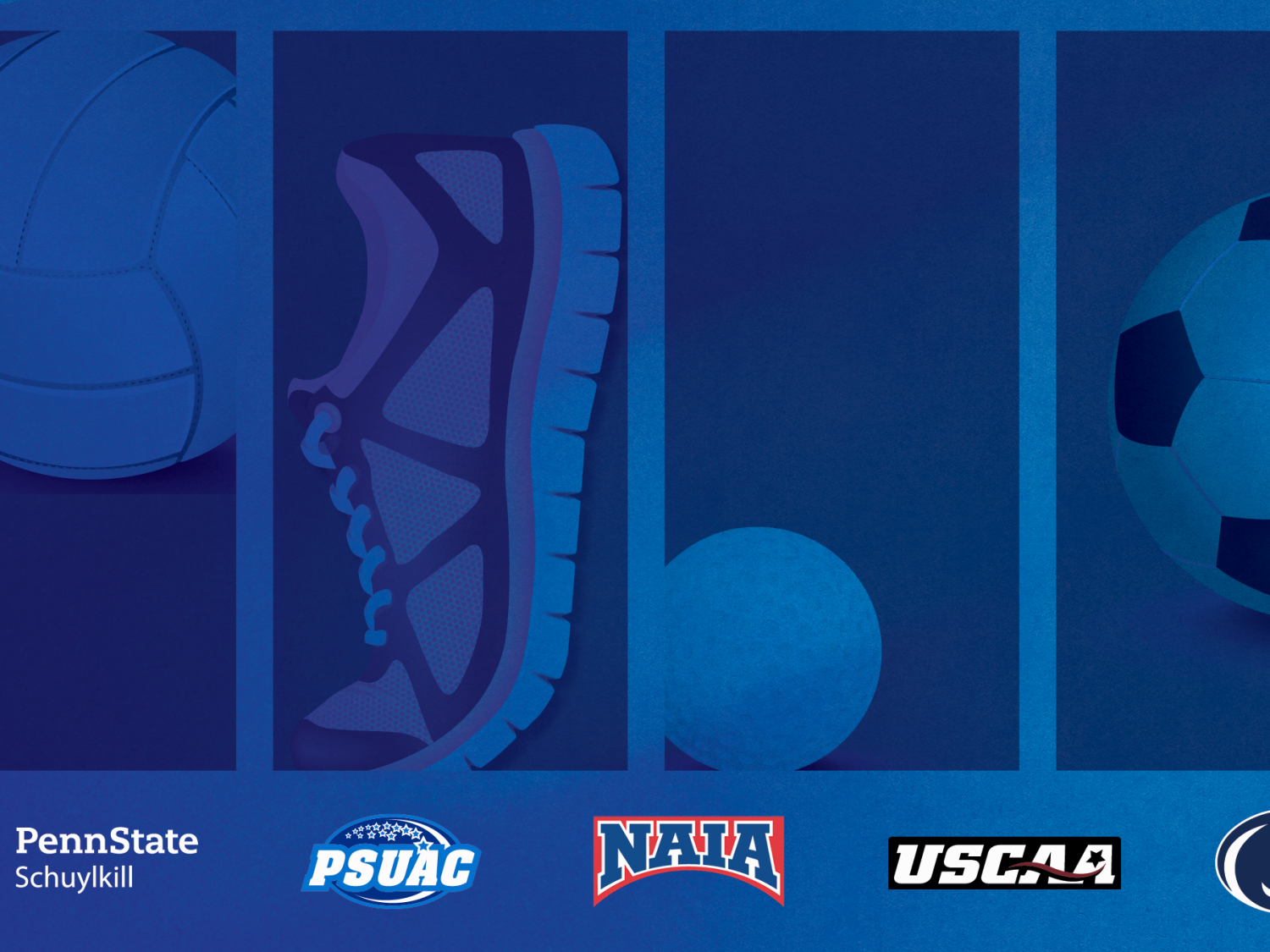 Blue graphic with four panels. Panel 1 is a volleyball, panel 2 a tennis shoe, panel 3 a golf ball, and panel 4 a soccer ball. Penn State Schuylkill, PSUAC, NAIA, NCAA, and Penn State Athletics logos