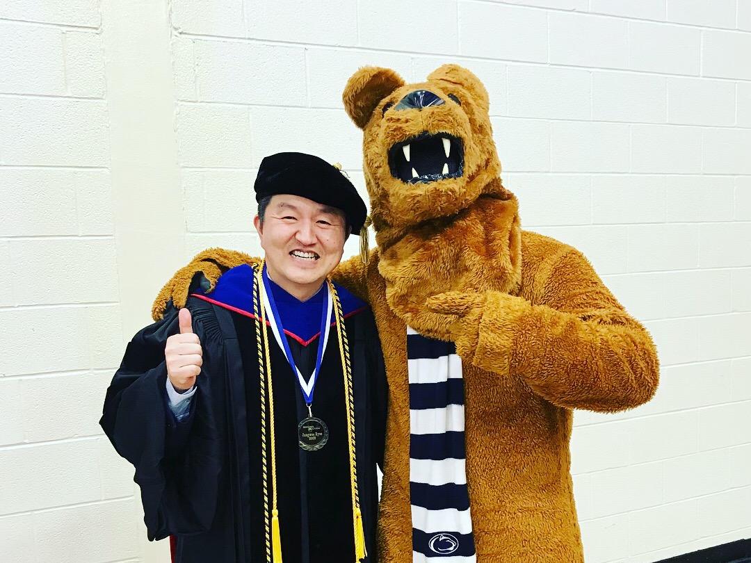 Ryoo with campus Nittany Lion mascot