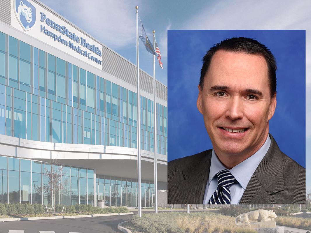 A portrait of Dr. James Leaming is shown superimposed overtop of a photo of Penn State Health Hampden Medical Center.