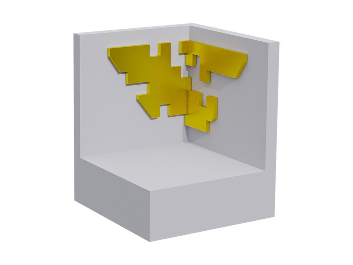 Cutaway illustration of a hollow, cube-shaped unit cell with an intricate grid pattern of gold printed on two inside walls. 