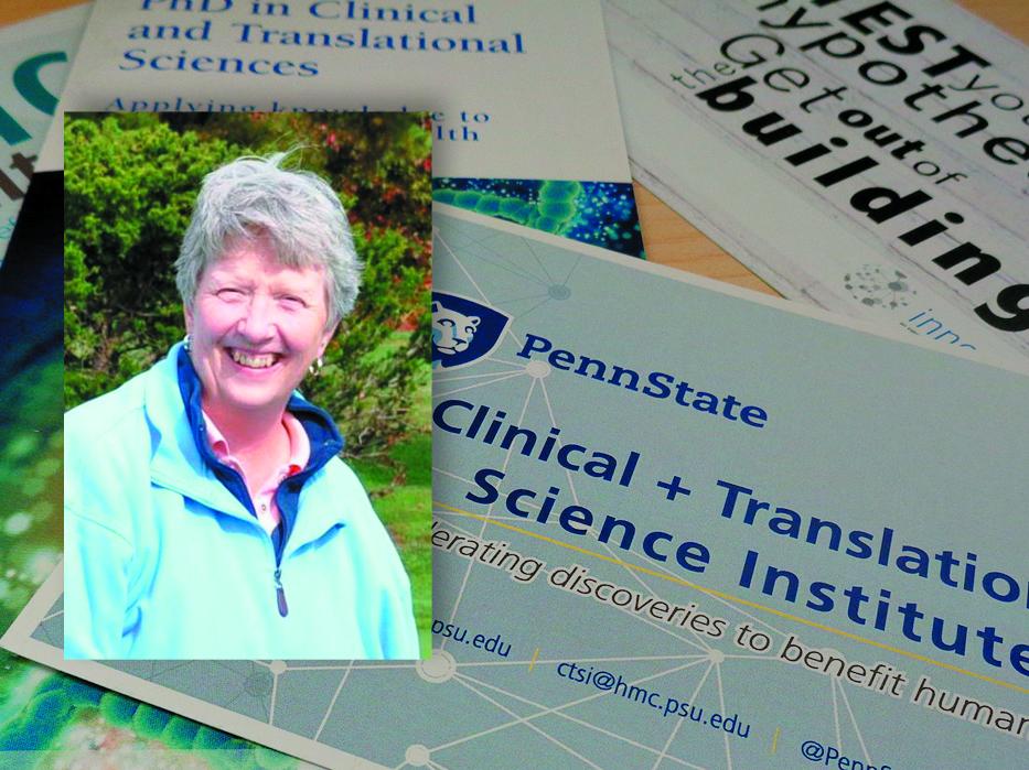 A head and shoulders portrait of Dee Bagshaw against a background image of translational research flyers.