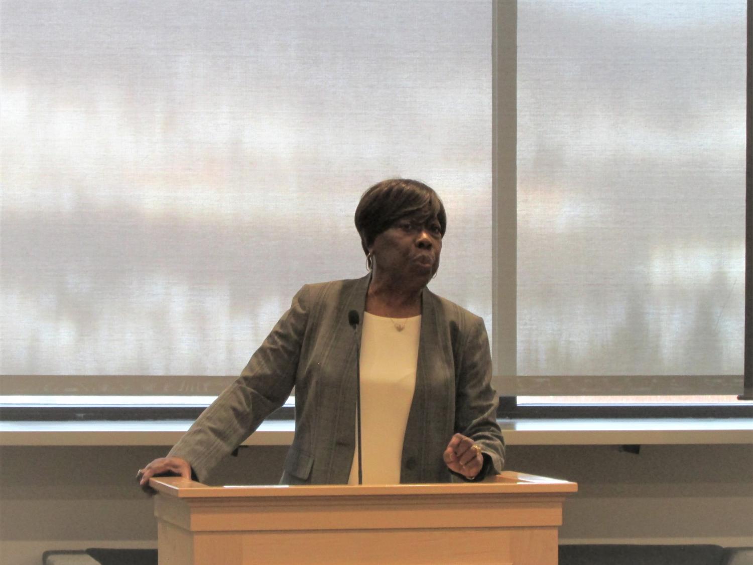 Bettie Mae Fikes at podium speaking to crowd at Penn State Scranton