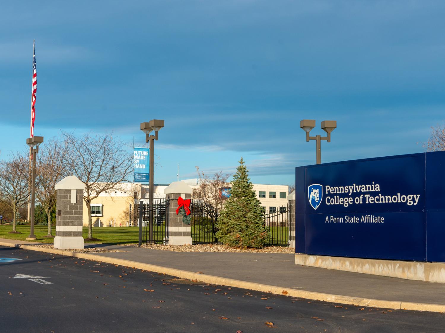 A photo of the campus sign and entrance to the Pennsylvania College of Technology