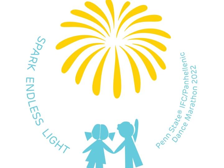 Spark Endless Light logo for THON featuring a burst of yellow light on a white background with two graphic representations of children below the starburst 