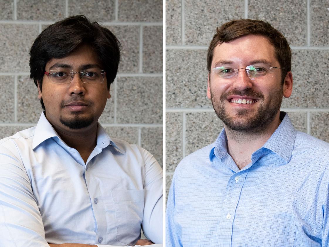 Two head and shoulders photos of men in front of a wall. 
