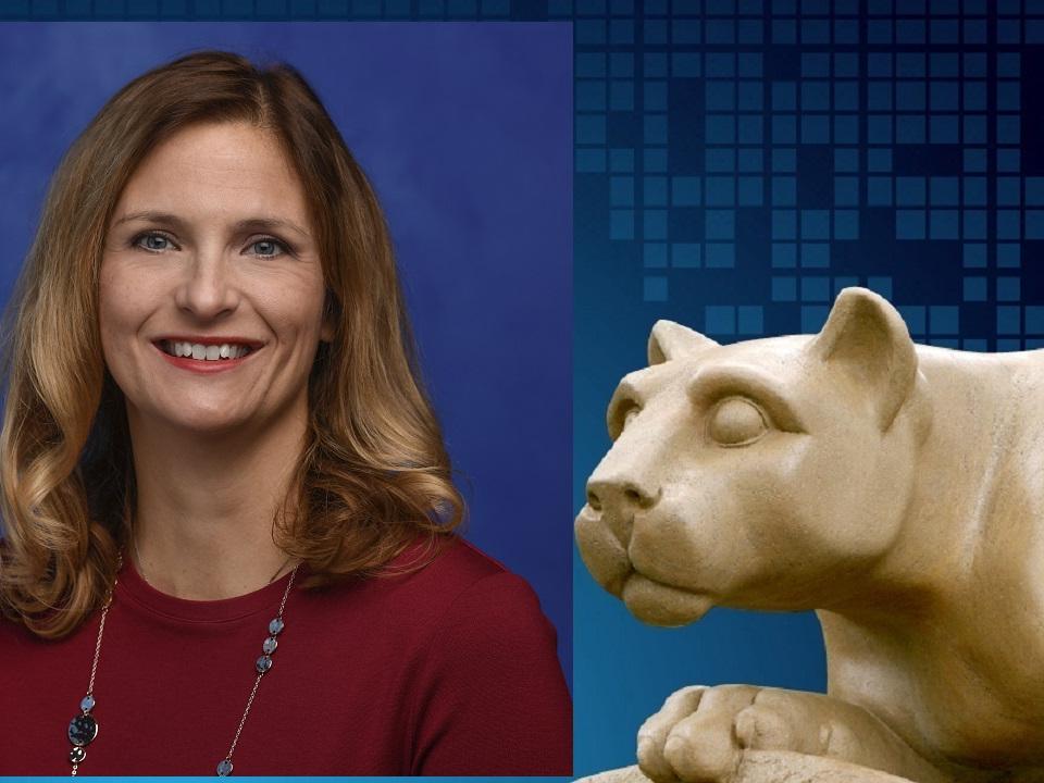 A portrait of Dr. Tatiana Dalton is superimposed on an illustration featuring at statue of the Penn State Nittany Lion.