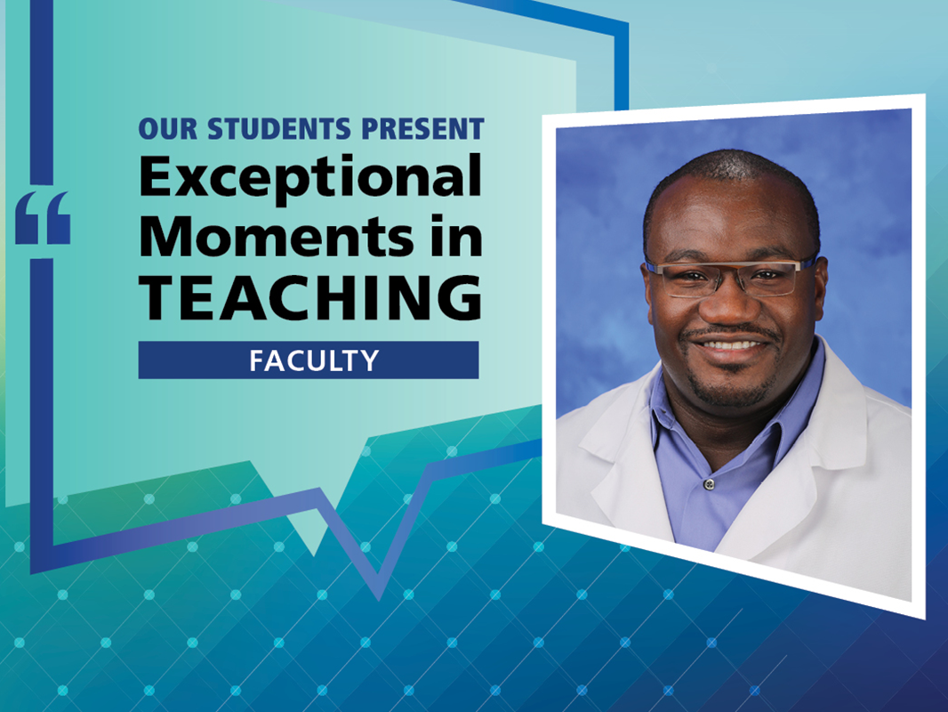 Man with glasses in doctor’s coat, smiling, image over a background graphic with the text “Our students present, exceptional moments in teaching faculty”