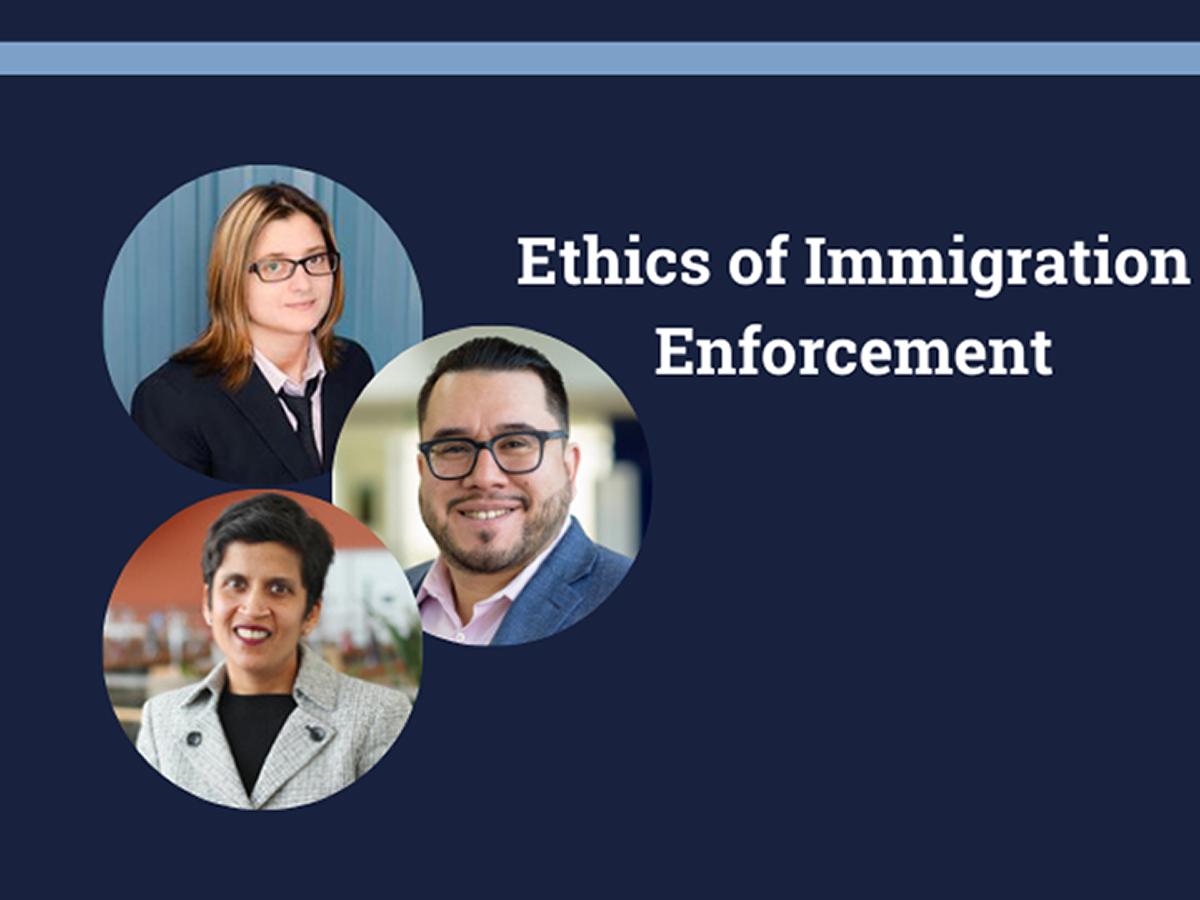 Pictures of symposium speakers Bridget Cambria, José Jorge Mendoza and Shoba Sivaprasad Wadhia