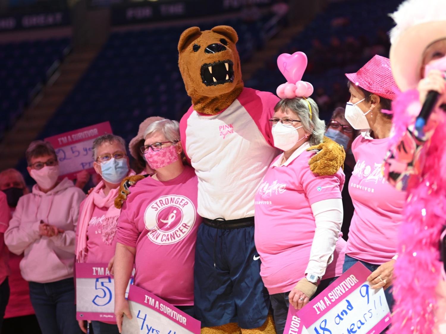 Lion at Pink Zone game with cancer survivors